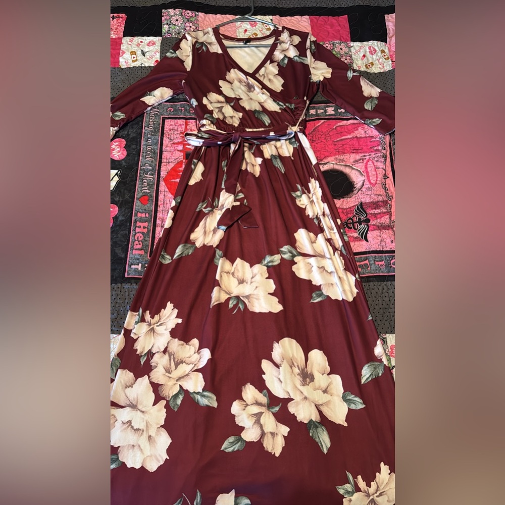 Maroon floral 3/4 length sleeve long dress off Amazon.
